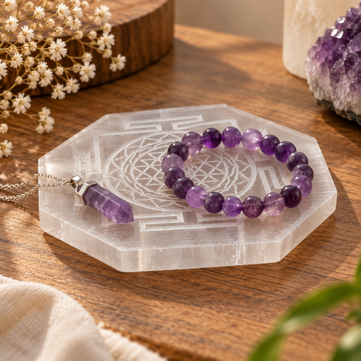 Hexagon Selenite Shree Yantra Plate