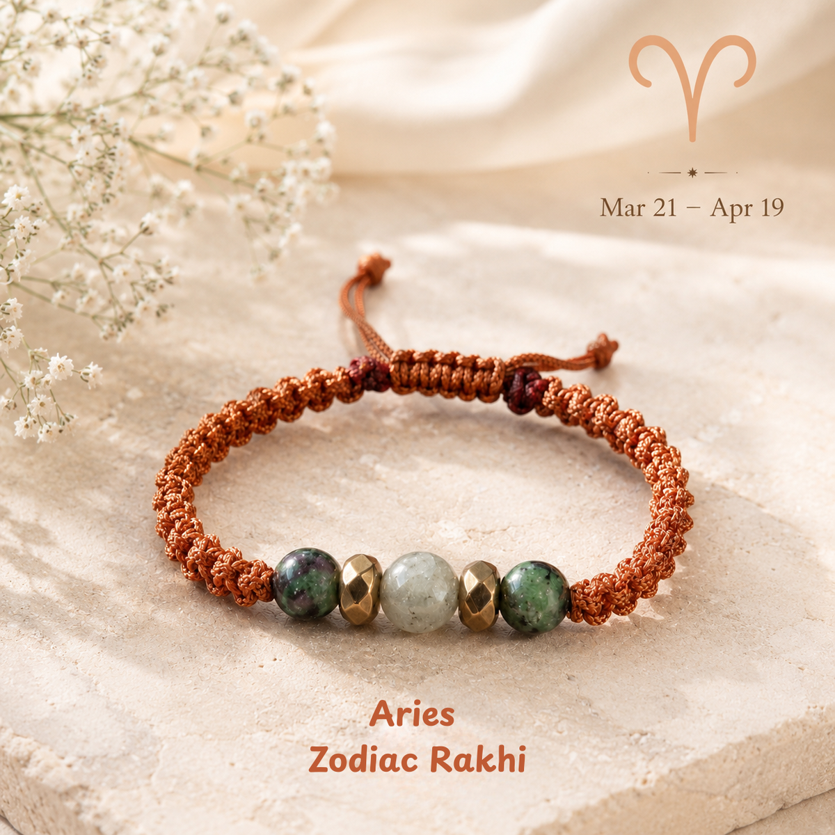 Aries zodiac crystal Rakhi, premium macrame thread – durable, wearable all year, Cold Lava Studio