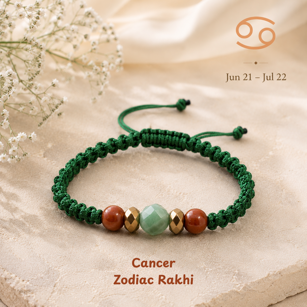 Cancer zodiac crystal Rakhi, premium macrame thread – durable, wearable all year, Cold Lava Studio