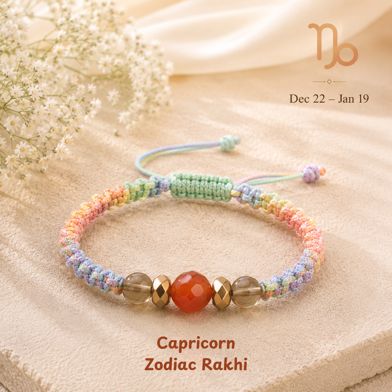 Capricorn zodiac crystal Rakhi, premium macrame thread – durable, wearable all year, Cold Lava Studio