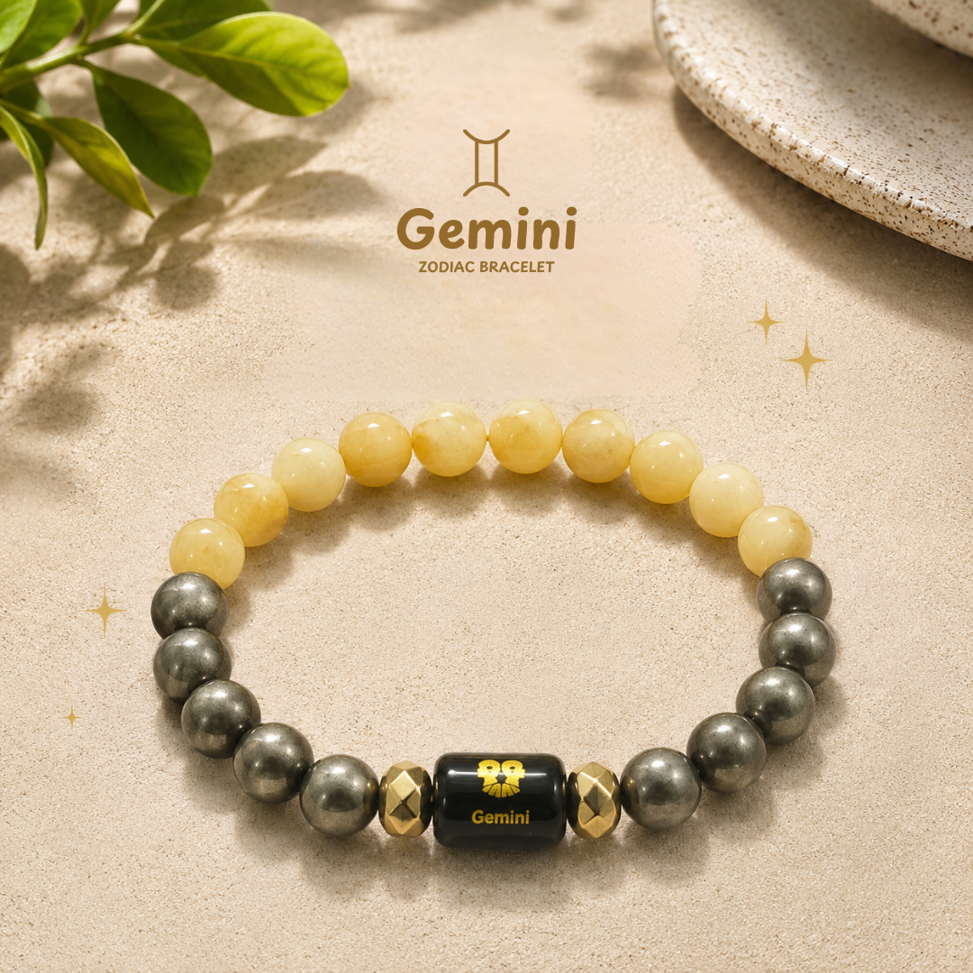 Gemini Zodiac Bracelet – मिथुन (Mithun) | Pyrite + Yellow Calcite