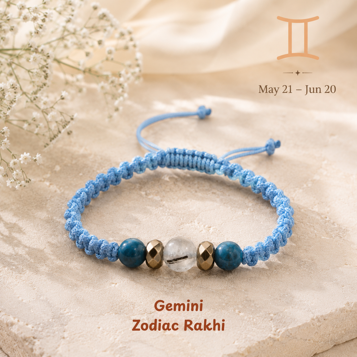 Gemini zodiac crystal Rakhi, premium macrame thread – durable, wearable all year, Cold Lava Studio