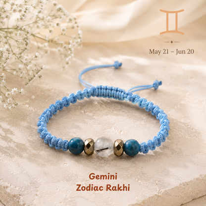 Gemini zodiac crystal Rakhi, premium macrame thread – durable, wearable all year, Cold Lava Studio