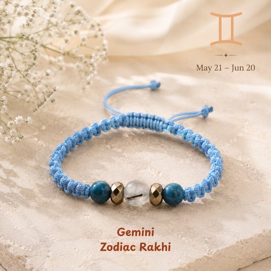 Gemini zodiac crystal Rakhi, premium macrame thread – durable, wearable all year, Cold Lava Studio