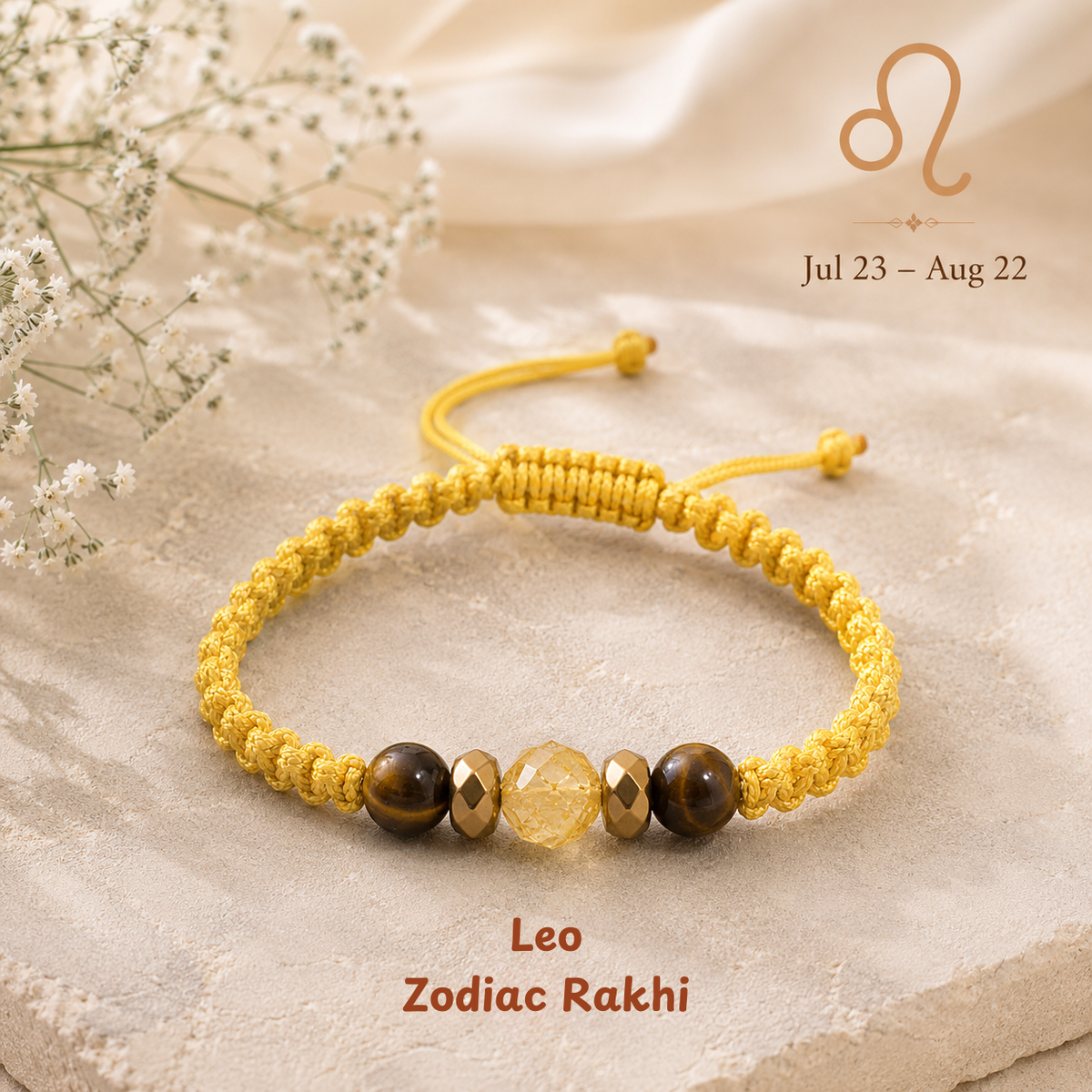 Leo zodiac crystal Rakhi, premium macrame thread – durable, wearable all year, Cold Lava Studio
