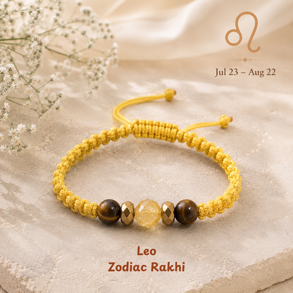 Leo zodiac crystal Rakhi, premium macrame thread – durable, wearable all year, Cold Lava Studio