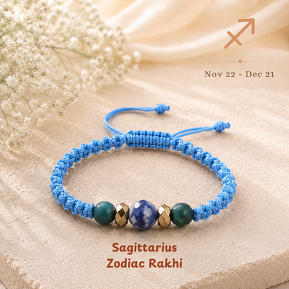 Sagittarius zodiac crystal Rakhi, premium macrame thread – durable, wearable all year, Cold Lava Studio