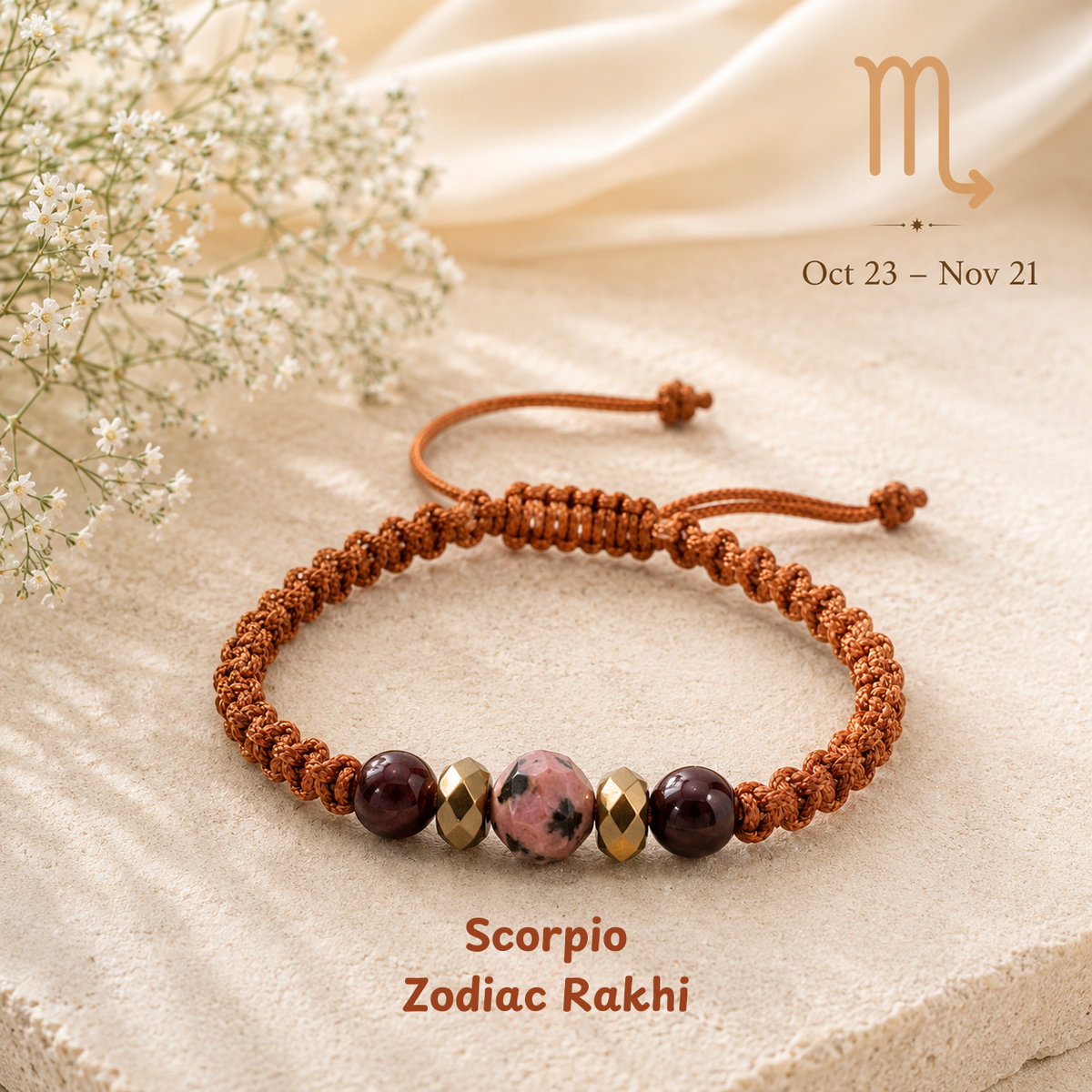 Scorpio zodiac crystal Rakhi, premium macrame thread – durable, wearable all year, Cold Lava Studio