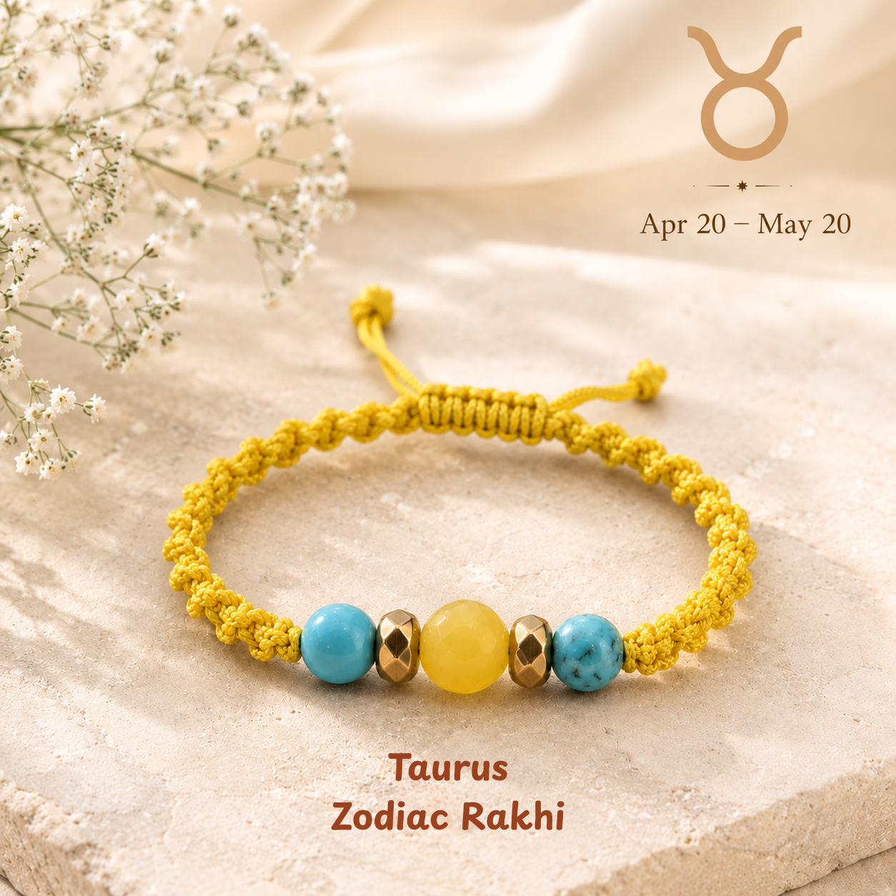 Taurus zodiac crystal Rakhi, premium macrame thread – durable, wearable all year, Cold Lava Studio