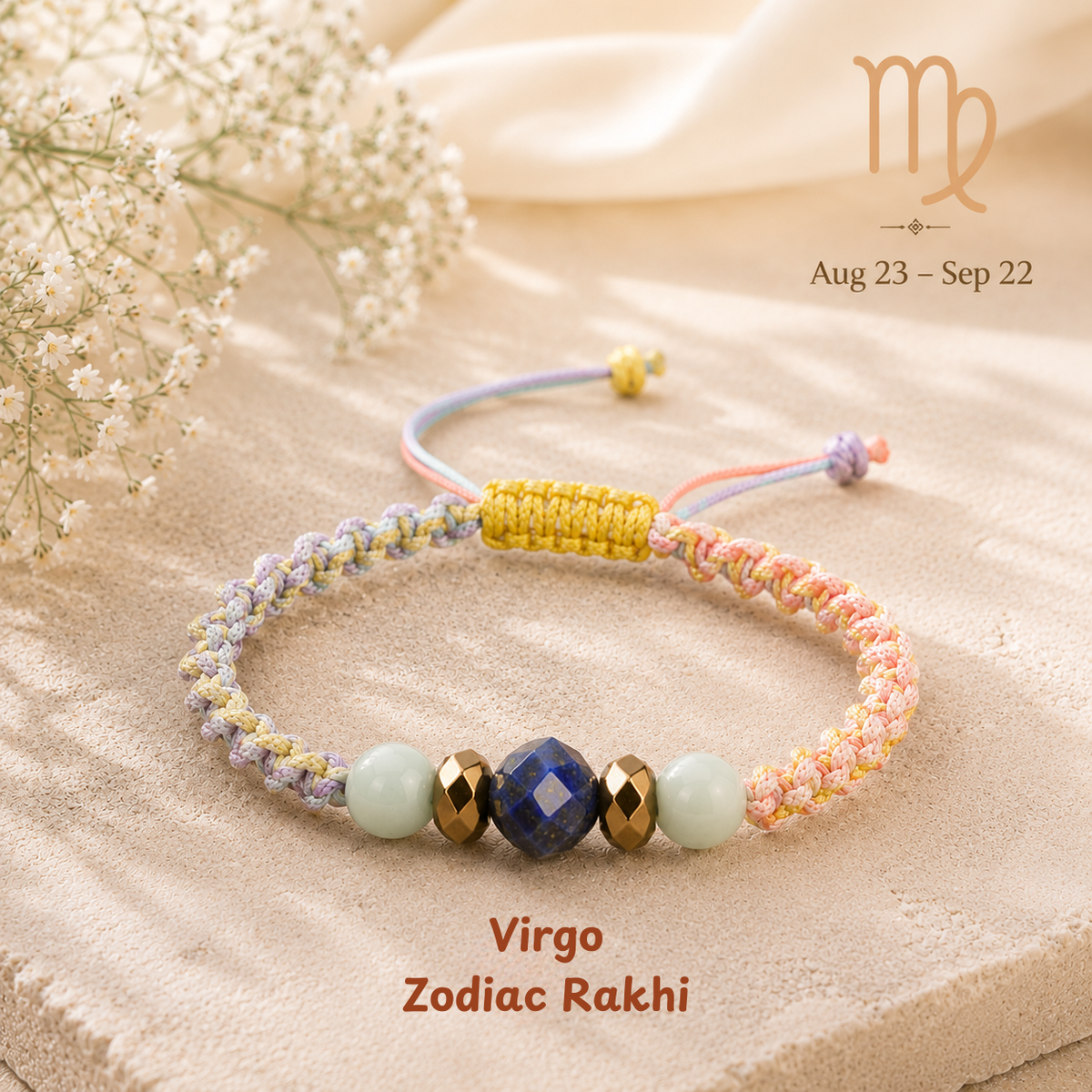 Virgo zodiac crystal Rakhi, premium macrame thread – durable, wearable all year, Cold Lava Studio